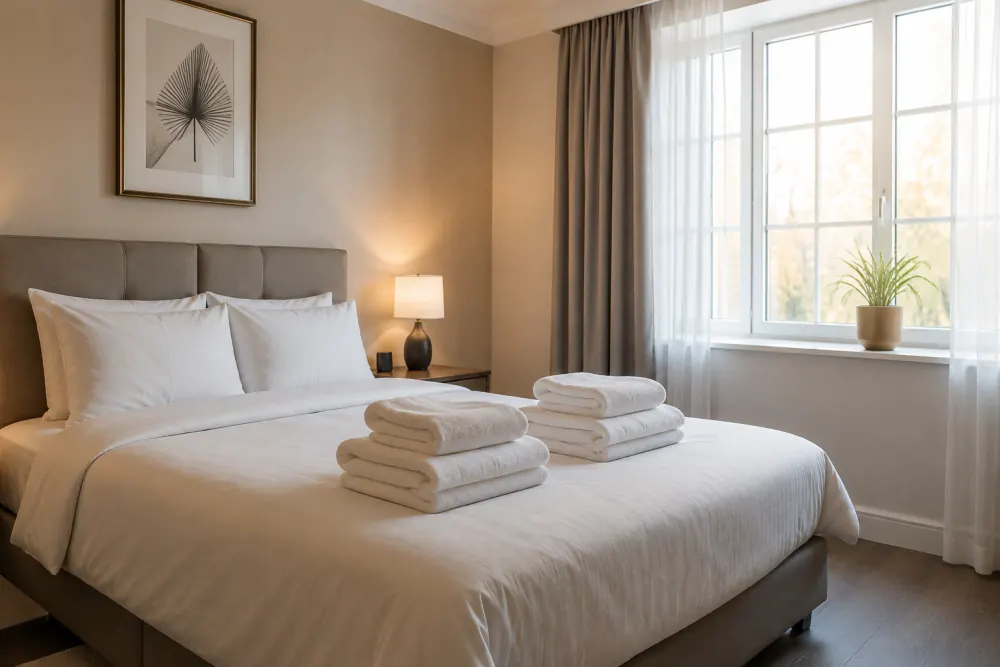 Airbnb bedroom hotel style clean towels folded bright interior